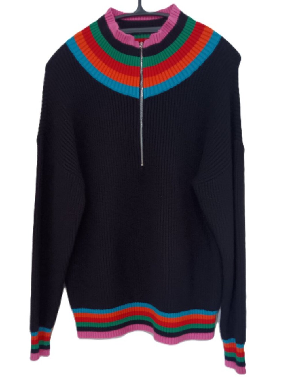 Black Sweater with Rainbow Stripes, Quarter Zipper High Neck, Long Sleeve Knit